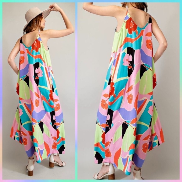 📌 EASEL Tropical Pucci-Like Floral Print Flowy Maxi Cami Dress Adjustable Straps - Picture 2 of 16